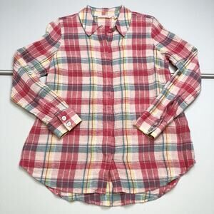 Soft Surroundings Blouse Women’s S Colorful Plaid Linen Tabs Mother Pearl Button